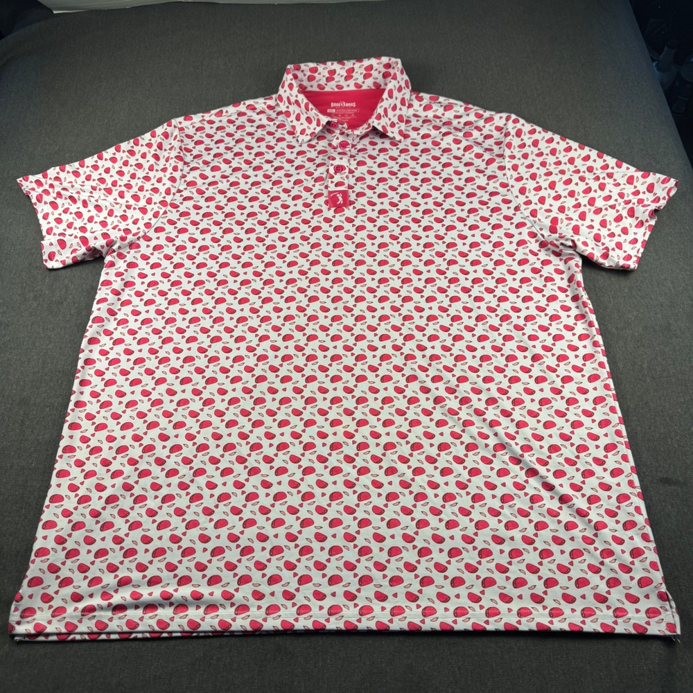 Bogey Bros Golf Co Mens XXL Taco Chili Pepper Print Performance Polo Shirt Pink - Picture 2 of 11